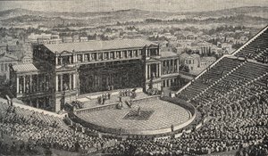Het Theater van Dionysus, De Akropolis, Athene, Griekenland - Re-enactment van 1890 van het Theater van Dionysus - in Athene, Oud-Griekenland. - gravure 1890 door Anonymous Anonymous