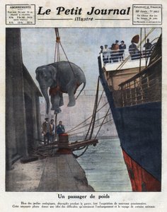 De aankomst per boot van een olifant verworven door een dierentuin na de oorlog. Illustratie uit 