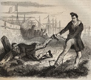 De grootste kwelling van de dwangarbeider is een slechte partner te hebben. Gevecht tussen twee gevangenen verbonden door dezelfde ketting. Strafkolonie van Rochefort in de 19e eeuw. Gravure in 