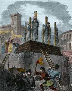 De zaak van de ketters van Orléans: kanunniken werden veroordeeld tot de brandstapel voor ketterij in Orléans in 1022. (eerste brandstapel in de geschiedenis van de strijd tegen ketterij in het Westen onder het bewind van Robert II de Vrome (996-1031). Gra door Anonymous Anonymous