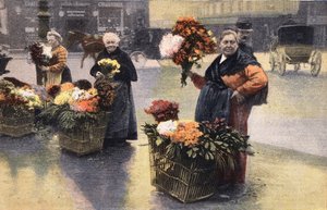 Het chrysanthemenfeest: chrysanthemenverkoper op straat. Gravure. Een van de krant "Le petit parisien" op 20/11/1910. Privécollectie.