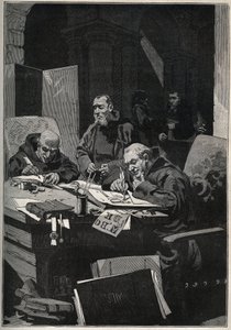 De chrysograaf: kopiërende monniken die verluchtingen in gouden letters uitvoeren in de middeleeuwen. Gravure uit 1885 in Les arts et métiers illustrés door Adolphe Bitard. door Anonymous Anonymous