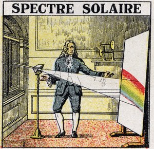 De kleuren: zonnenspectrum bestudeerd door Isaac Newton (1642-1727). Anonieme illustratie uit 1925. Privécollectie door Anonymous Anonymous