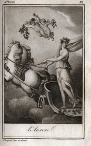 De dageraad (Apollo leidt de wagen van de zon). Allegorie van zonsopgang. Gravure uit 1819 in "Lettres à Emilie sur la mythologie" door Charles Albert Demoustier (1760-1801). Privécollectie. door Anonymous Anonymous