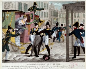 De dood van Charles Ferdinand de Bourbon, Hertog van Berry (1778-1820) 13/02/1820 bij de uitgang van de Koninklijke Muziekacademie. De neef van koning Lodewijk XVIII werd vermoord bij de Opera door Louvel, een republikein die de koninklijke dynastie wilde 