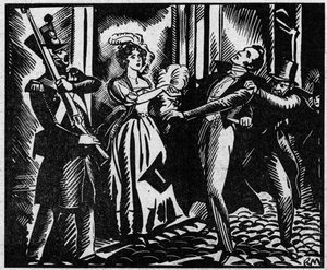 De dood van de hertog van Berry (1778-1820) op 13/02/1820 bij de Koninklijke Muziekacademie. De neef van koning Lodewijk XVIII wordt vermoord in de opera door Louvel, een republikein die de koninklijke dynastie wil uitdoven. Illustratie uit "Le Petit Journ door Anonymous Anonymous