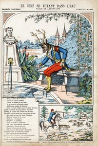 Het hert dat zichzelf in het water ziet. Anonieme illustratie voor Les Fables door Jean de La Fontaine (Lafontaine) (1621-1695). Beeldvorming van Pont-a-Mousson, circa 1880. Privécollectie. door Anonymous Anonymous