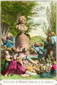 De opvoeding van de mens begint bij zijn geboorte: moeders met hun kinderen, naast een buste ter ere van de Zwitserse filosoof Jean Jacques Rousseau (1712-1778). Gravure uit de 18e eeuw Privécollectie door Anonymous Anonymous
