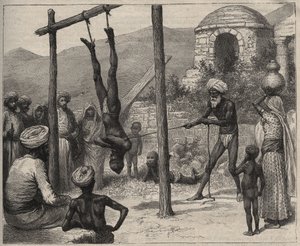 De fakir in India - De fakirs in India - werd opgehangen aan de voeten aan een houten balk - gravure uit 1892 in 