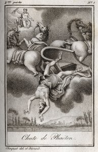 De val van Phaëton, niet in staat om de wagen van Helios te beheersen, werd getroffen door Zeus en viel in de Eridanus-rivier. Gravure uit 1819 in 