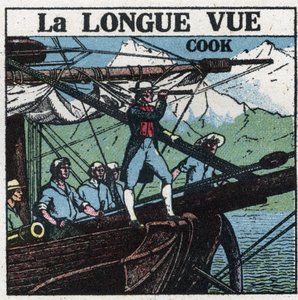 De eerste optische instrumenten: Kapitein James Cook (1728-1779), aan de boeg van zijn boot, observeert de zuidelijke landen met een verrekijker door Anonymous Anonymous