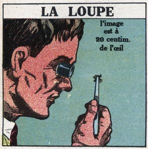 De eerste optische instrumenten: de vergrootglas. Anonieme illustratie uit 1925. Privécollectie. door Anonymous Anonymous