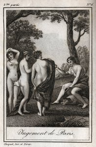 Het oordeel van Paris. De herder Paris moet kiezen aan wie hij de gouden appel zal geven om de mooiste van de drie godinnen, Athena, Aphrodite of Hera, aan te wijzen. Gravure uit 1819 in 