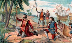 De landing van Christoffel Columbus (Christoffel Columbus, Cristoforo Colombo, Cristobal Colon) (1451-1506) in de Nieuwe Wereld door Anonymous Anonymous