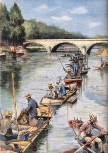 De opening van de visserij. Gravure uit de krant "Le Petite Parisien", op 21/06/1908. Privécollectie.