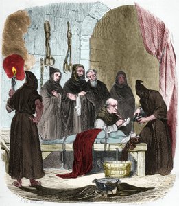 De kwestie van water: Pedro (Pierre) de Arbues (1441/1442 - 1485) ondervraagt onder marteling een jonge vrouw die naar verluidt haar zus zou hebben aangezet tot het lutheranisme. Vastgebonden met touwen, wordt water in een doek gegoten dat in de keel wordt door Anonymous Anonymous