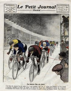 De zesdaagse race: Piet van Kempen (1898-1985), Alfred Grenda, Seres en Maurice Brocco (1883-1965) tijdens de sprint. Gravure in Le Petit Journal illustre, op 16/04/1922 door Anonymous Anonymous