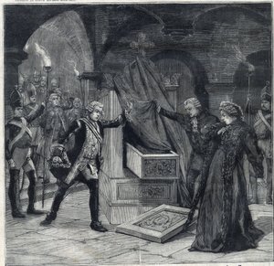 De kelderfase in het stuk "Catherine van Rusland" in het theater van Cathelet Paul Ginisty en Charles Samson. Gravure in "Le Petit Parisien" door Anonymous Anonymous
