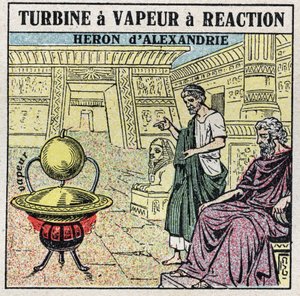 De stoommachine: een reactiestoomturbine. Eolipyle uitgevonden door de Griek Heron van Alexandrië (of Heron de Oudere) in de 1e eeuw na Christus. Anonieme illustratie uit 1925. Privécollectie. door Anonymous Anonymous