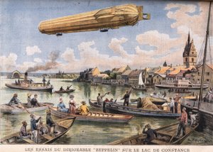 De tests van het Zeppelin-luchtschip op het Bodenmeer in Duitsland. Gravure uit de krant "Le Peute Parisien", op 2/08/1908. Privécollectie. door Anonymous Anonymous