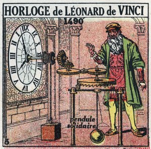 Tijd: gewichtsklok uitgevonden door Leonardo da Vinci (1452-1519) in 1490. Het vervangt de slinger door een verticale balans. Anonieme illustratie uit 1925. Privécollectie.
