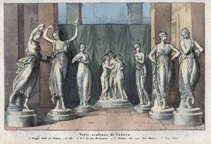 Diverse sculpturen van Canova - De Drie Gratiën - Hebe - De Drie Gratiën Dansend - Venus Italica - Muze - gravure uit 