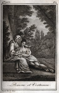 Vertumnus en Pomona (Jupiter en Ceres): Vertumnus, verliefd op de nimf Pomona, vermomt zich als een oude vrouw om haar te benaderen. Gravure uit 1819 in "Lettres à Emilie sur la mythologie" door Charles Albert Demoustier (1760-1801). Privécollectie. door Anonymous Anonymous