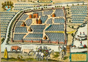 Uitzicht op Moskou in de Middeleeuwen. Gravure. Privécollectie.