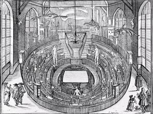 Zicht op een anatomisch theater waarschijnlijk aan de Universiteit van Leiden in het begin van de 17e eeuw