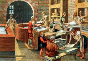 Zicht op een papierfabriek in Fabriano in de 16e eeuw, Italië. De verschillende stappen. Illustratie