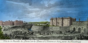 Uitzicht op de Bastille van Parijs, de Porte Saint Antoine en een deel van de buitenwijk in de 18e eeuw (gravure) - privécollectie