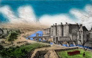 Zicht op de Bastille met zijn omringende muren onder koning Karel V de Wijze (1338-1380), gravure, privécollectie door Anonymous Anonymous