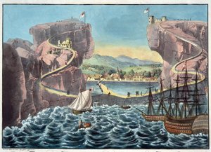 Uitzicht op het eiland Sint-Helena vanaf de landingsplaats bij Fort James