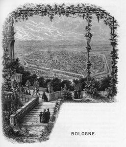 Zicht op de stad Bologna, Italië. Gravure uit 1859 in 