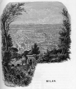 Uitzicht op de stad Milaan (Milano), Italië. Gravure van 1859 in 