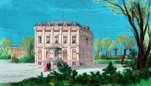 Zicht op het huis van Gioachino Rossini (1792-1868) in Passy au Bois de Boulogne, gravure, privécollectie