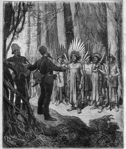 Reis van Henri Coudreau (1859-1899), professor in de geografie en ontdekkingsreiziger in het Indiaanse gebied van Guyana - hij ontving van Roucouyan chefs - gravure in 