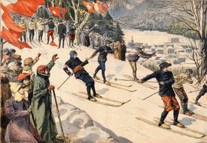 Wintersport: Skicompetitie in Chamonix in Haute Savoie in de Alpen, Frankrijk. Zwitserse en Franse vlaggen moedigen skiërs aan. Gravure uit de krant "Le Petite Parisien"