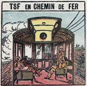Draadloze telefonie: T.S.F. in een spoorwegrijtuig. Anonieme illustratie uit 1925. Privécollectie. door Anonymous Anonymous