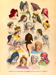 Vrouwelijke kapsels in de 15e en 16e eeuw, gravure - privécollectie