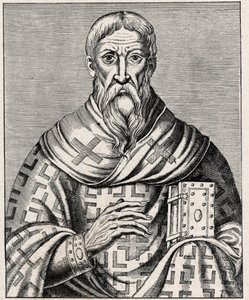Portret van Dionysius de Areopagiet - Portret van Sint Denys de Areopagiet (1e eeuw), Griekse bisschop - Gravure naar een illustratie van het Leven van beroemde mannen door Thevet - In Les Missions Catholiques au XIXe Siècle door Louis-Eugene Louvet.