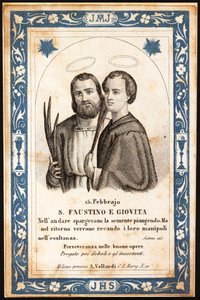 De martelaren Sint Faustinus en Sint Jovitus. Vrome afbeelding. Ansichtkaart. Begin 20e eeuw. Privécollectie door Anonymous Anonymous