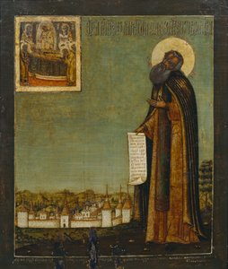 Sint Cyril van het Witte Meer met uitzicht op het Kirillo-Belozersky-klooster, 18e eeuw door Anonymous Russian icon painter