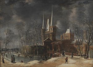 De Luttekepoort in Harderwijk in de winter door Anthonie Beerstraaten