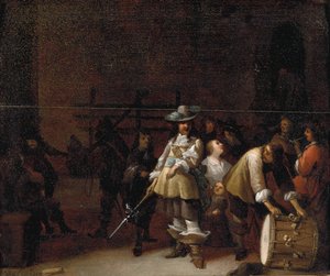 Een wachtkamerinterieur met een ridder die met een trommelaar praat door Anthonie Palamedesz
