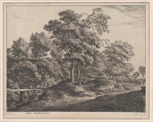 Een boerin en dochter op een kleine houten brug, 17e eeuw door Anthonie Waterloo
