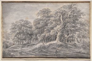 Een Pad aan de Rand van een Bos met een Boer die Schapen Draagt door Anthonie Waterloo