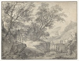 Berglandschap met bomen en een brug over een beek