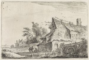Dorpsgezicht met een watermolen (Landschappen met bebouwing) door Anthonie Waterloo
