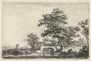 Figuren bij een stenen brug door Anthonie Waterloo
